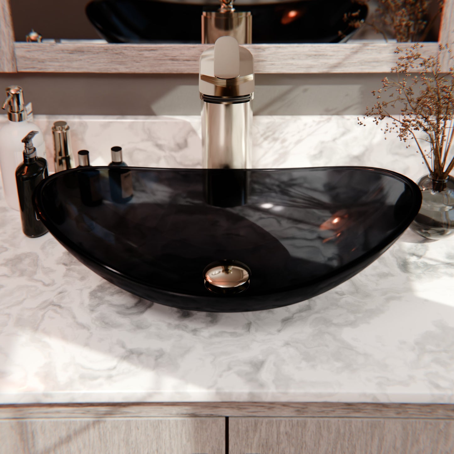 Clear Slate Grey Oval Slipper Tempered Glass Vessel Sink TIS-324G
