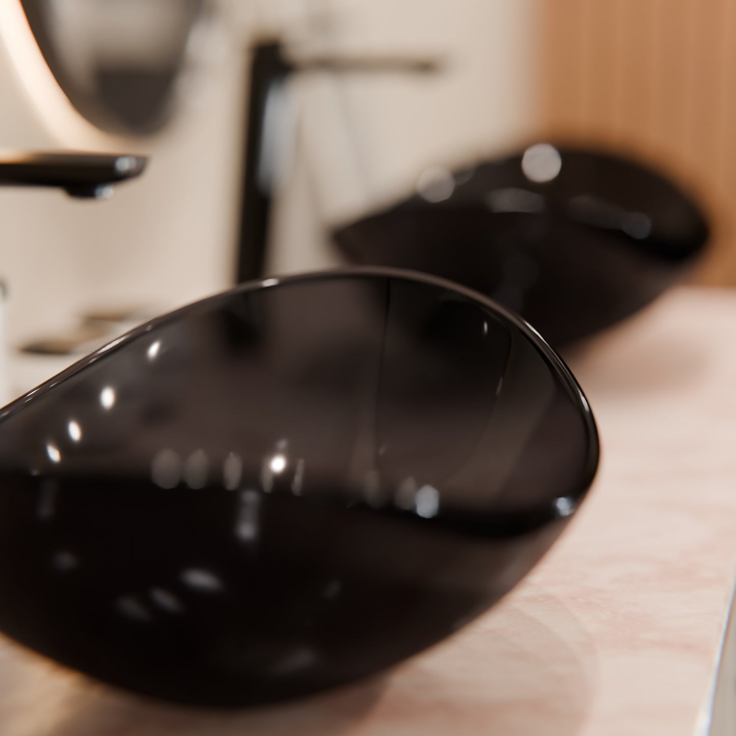Modern bathroom combo featuring a clear slate grey glass vessel sink and matching faucet by Novatto in a sleek design.