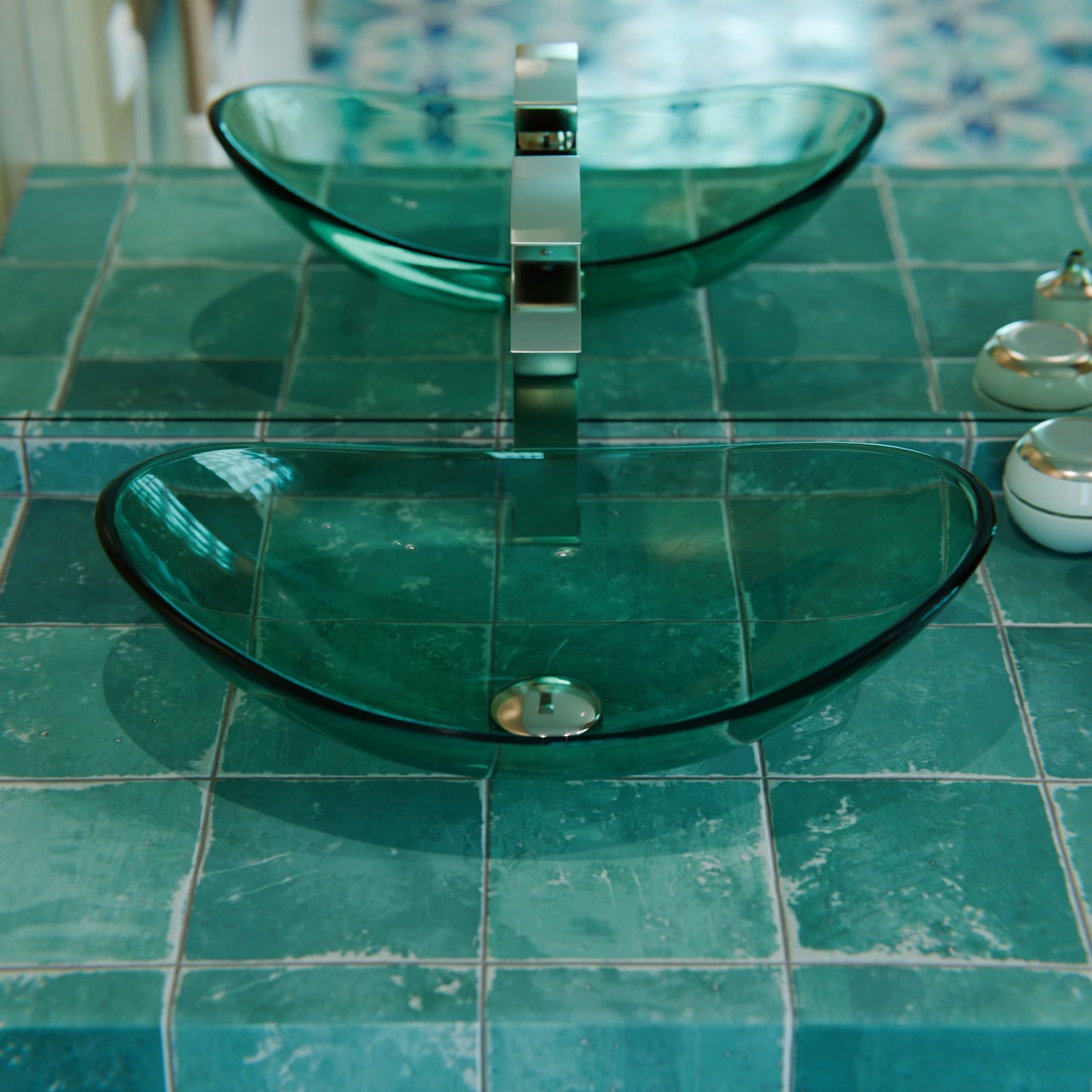 Clear Green Oval Slipper Glass Vessel Sink TIS-324GN