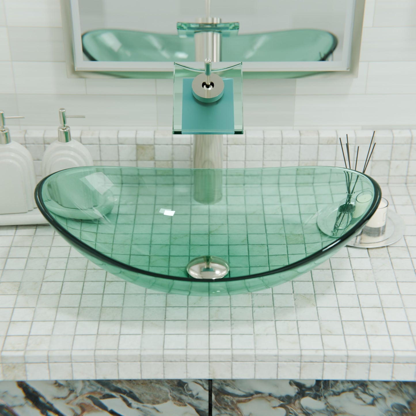 Clear Green Oval Slipper Glass Vessel Sink TIS-324GN