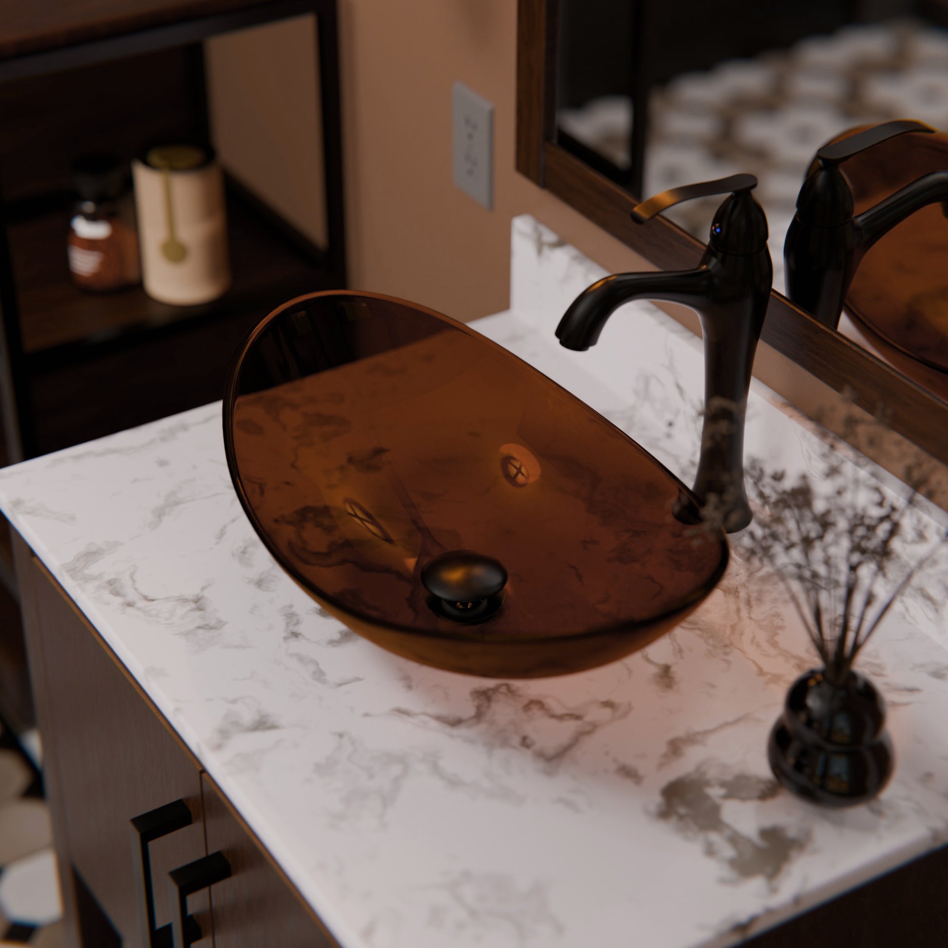 Modern clear brown oval tempered glass vessel sink by Novatto, featuring a sleek design for contemporary bathrooms.