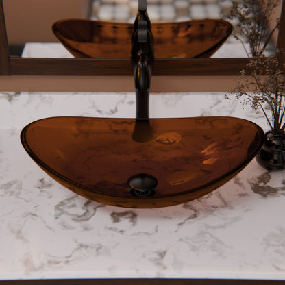 Modern Novatto clear brown oval tempered glass vessel bath sink with dark warm tones and sleek design.