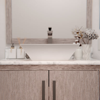 White porcelain square bathroom sink by Novatto, traditional vessel design with clean, modern lines for contemporary bathrooms.