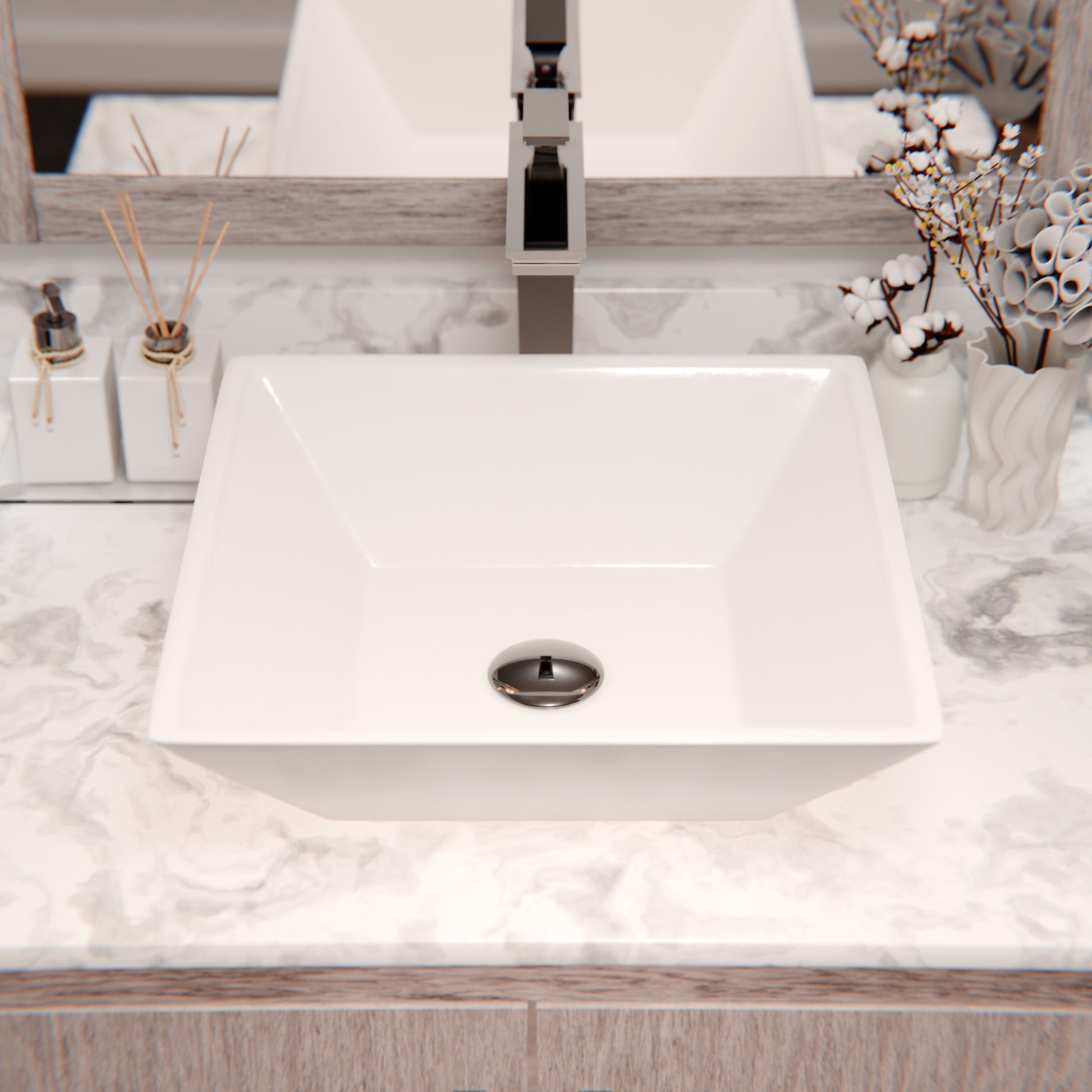 Contemporary square white porcelain vessel bathroom sink by Novatto, traditional design with smooth, clean lines and glossy finish.