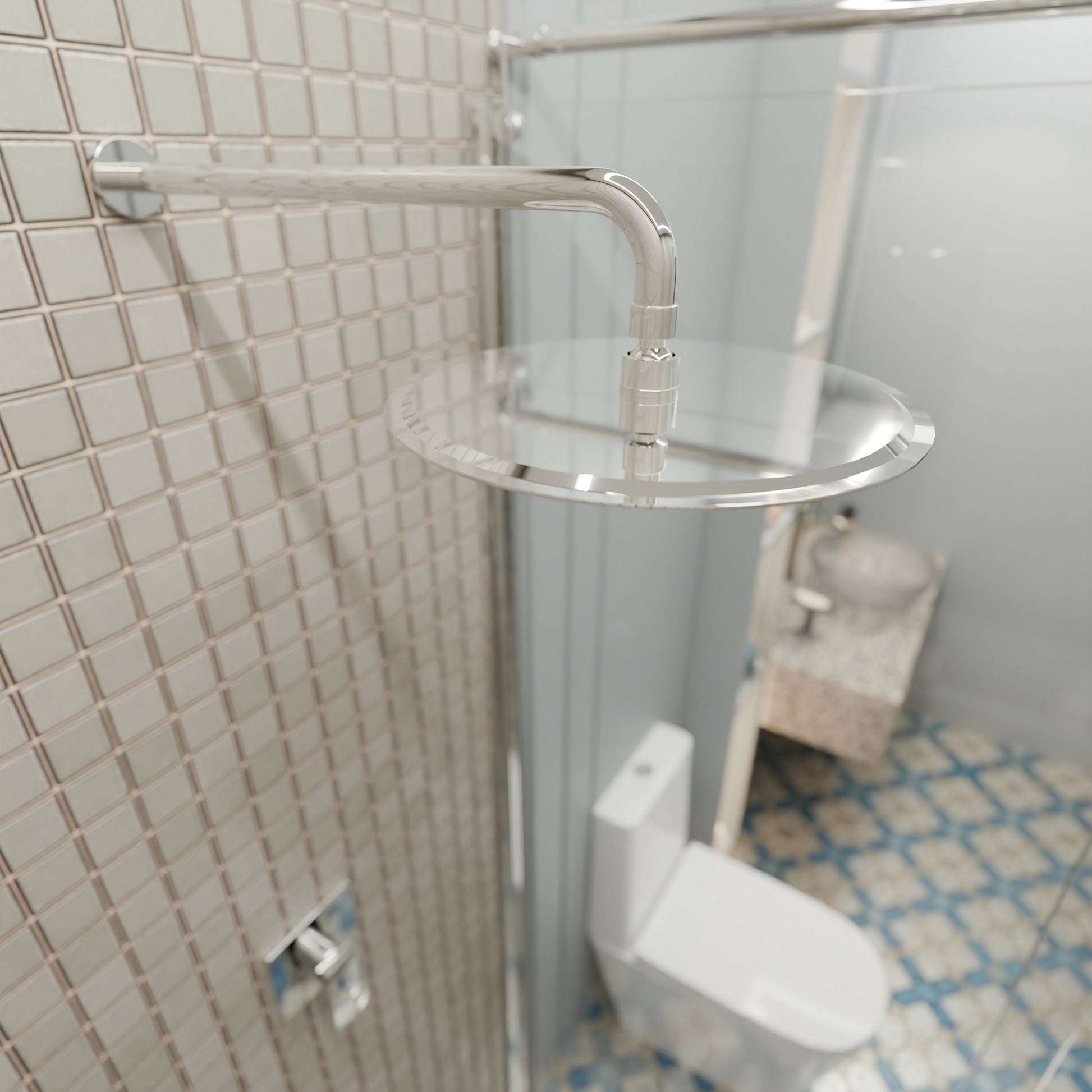 Novatto 10-inch round rainfall shower head for shower and bathtub, showcasing water flow and sleek chrome finish.