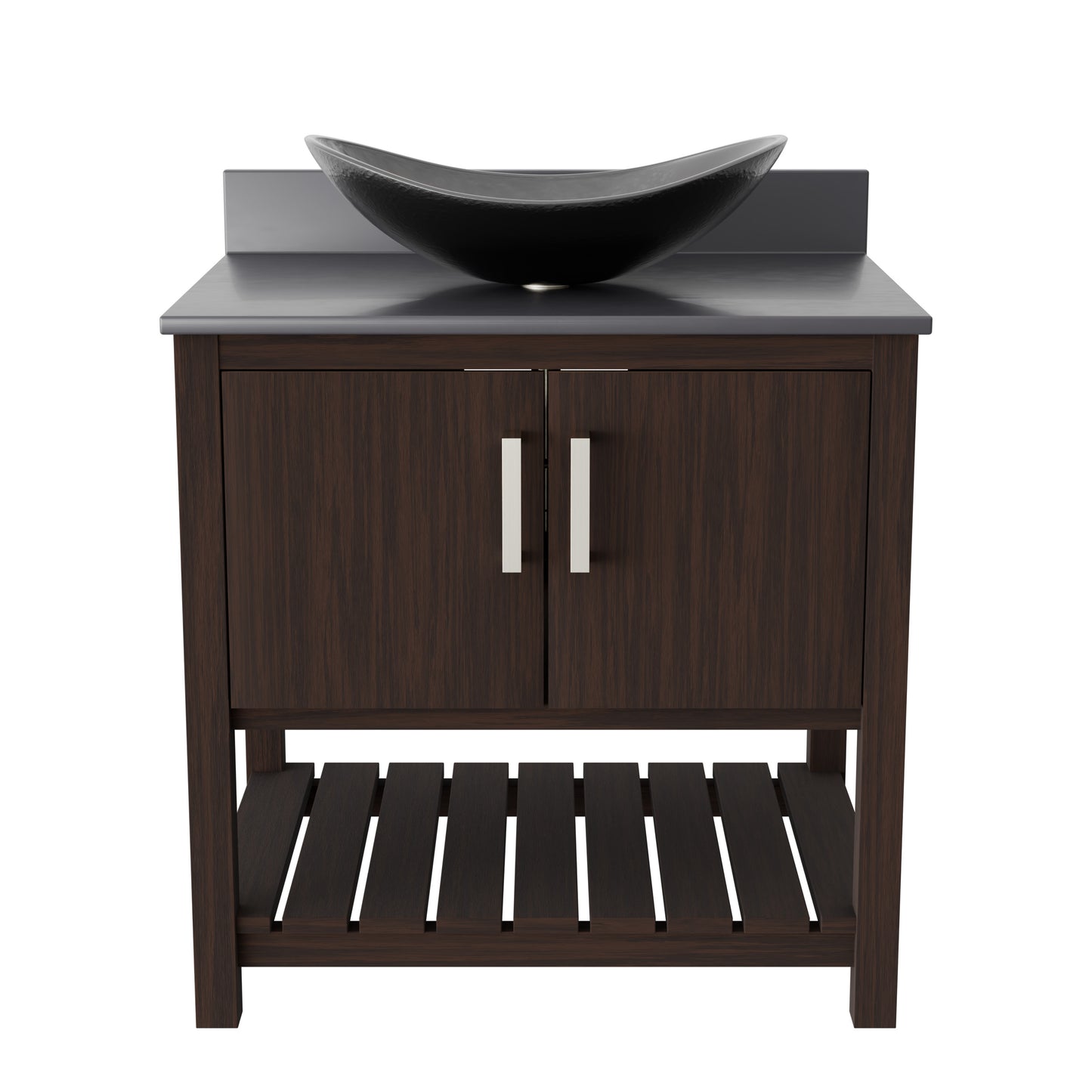 30-inch Novatto bath vanity with storm grey quartz countertop and integrated sink, modern bathroom accessory.