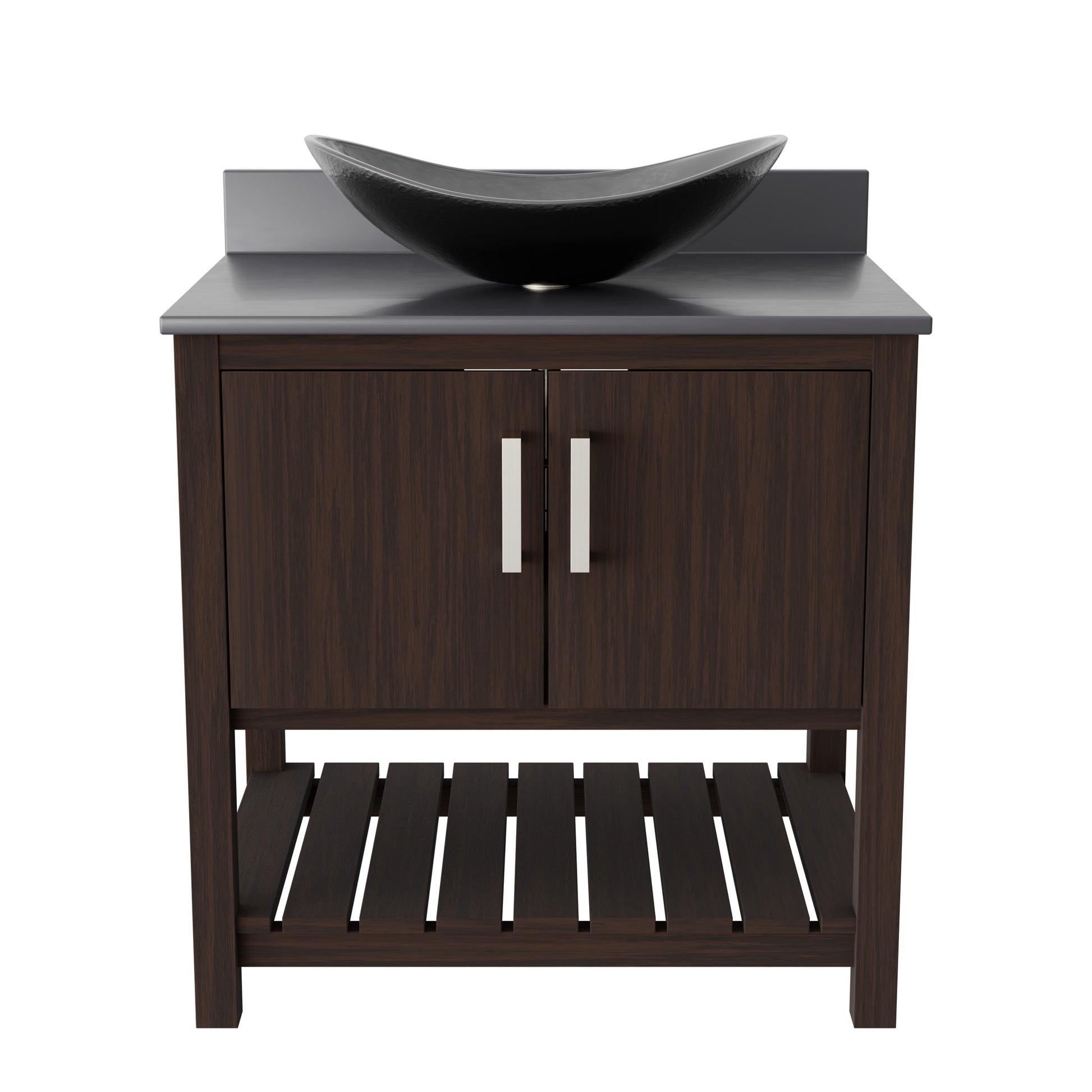30-inch Novatto bath vanity with storm grey quartz countertop and integrated sink, modern bathroom accessory.