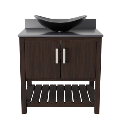 30-inch Novatto bath vanity with storm grey quartz countertop and integrated sink, modern bathroom accessory.