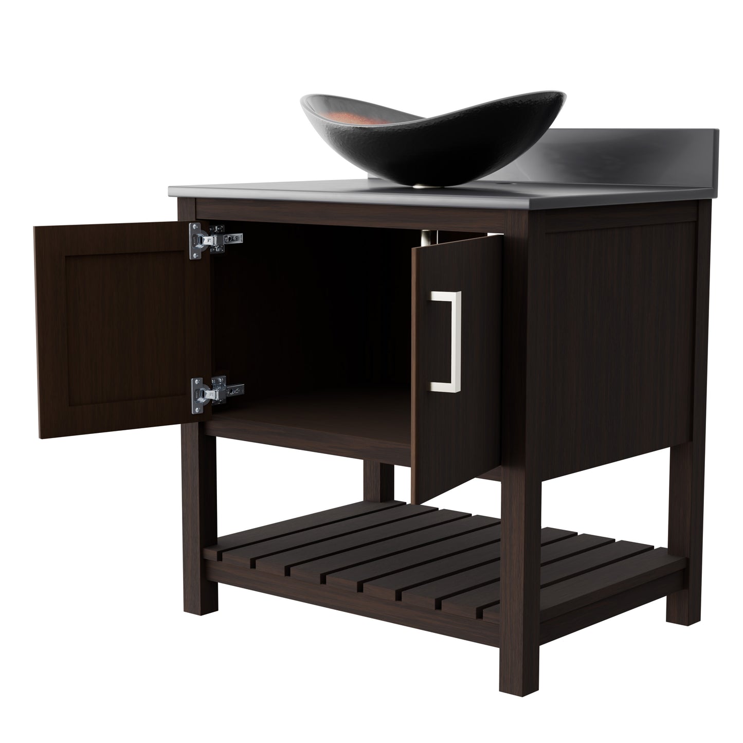 30-inch Novatto bath vanity with storm grey quartz countertop and integrated sink, modern accessory for bathroom decor.