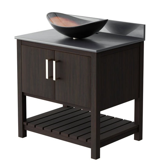 30-inch Novatto bath vanity with storm grey quartz countertop and integrated sink, modern bathroom accessory.