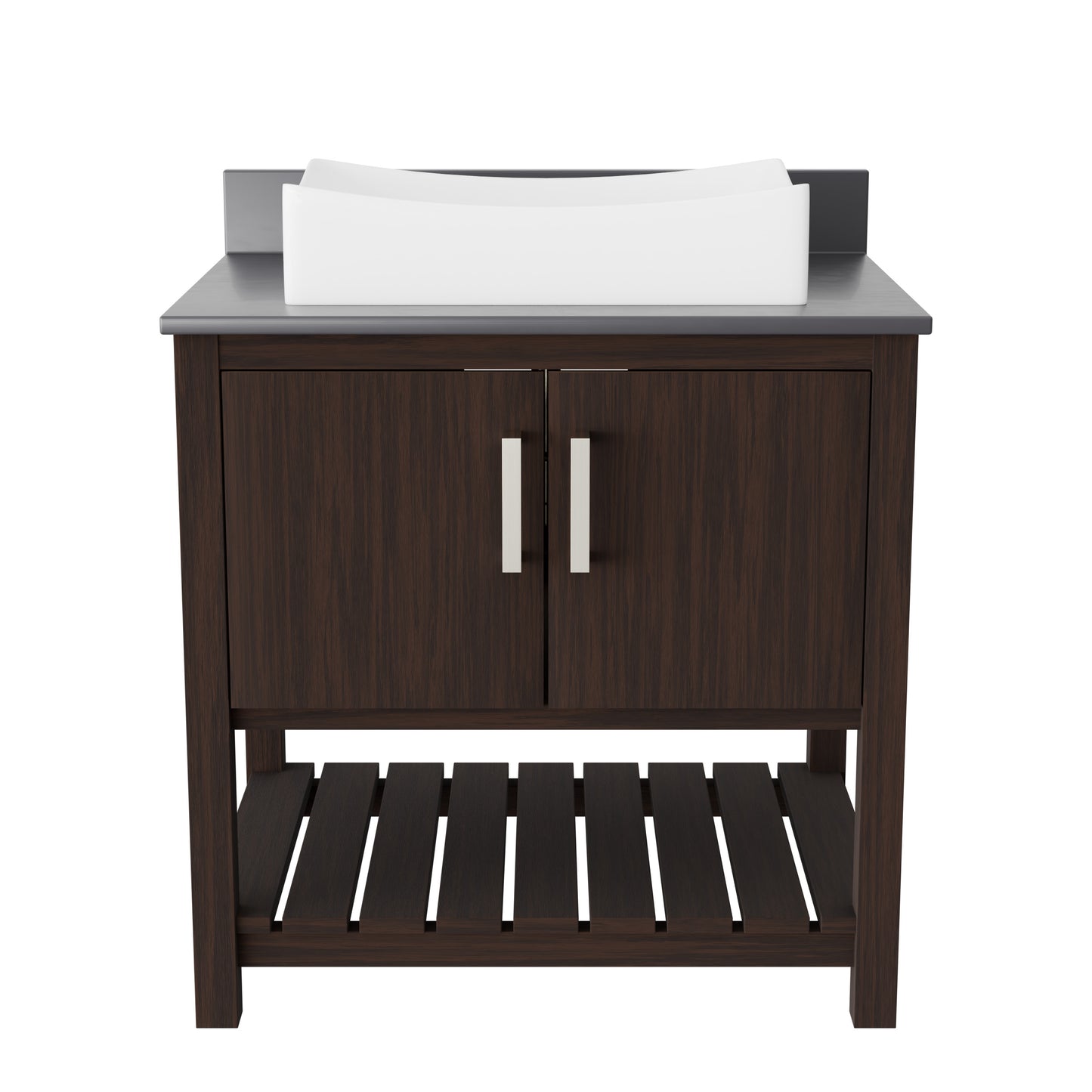 30-inch Novatto bath vanity with storm grey quartz countertop and integrated sink, showcasing modern bathroom accessory design