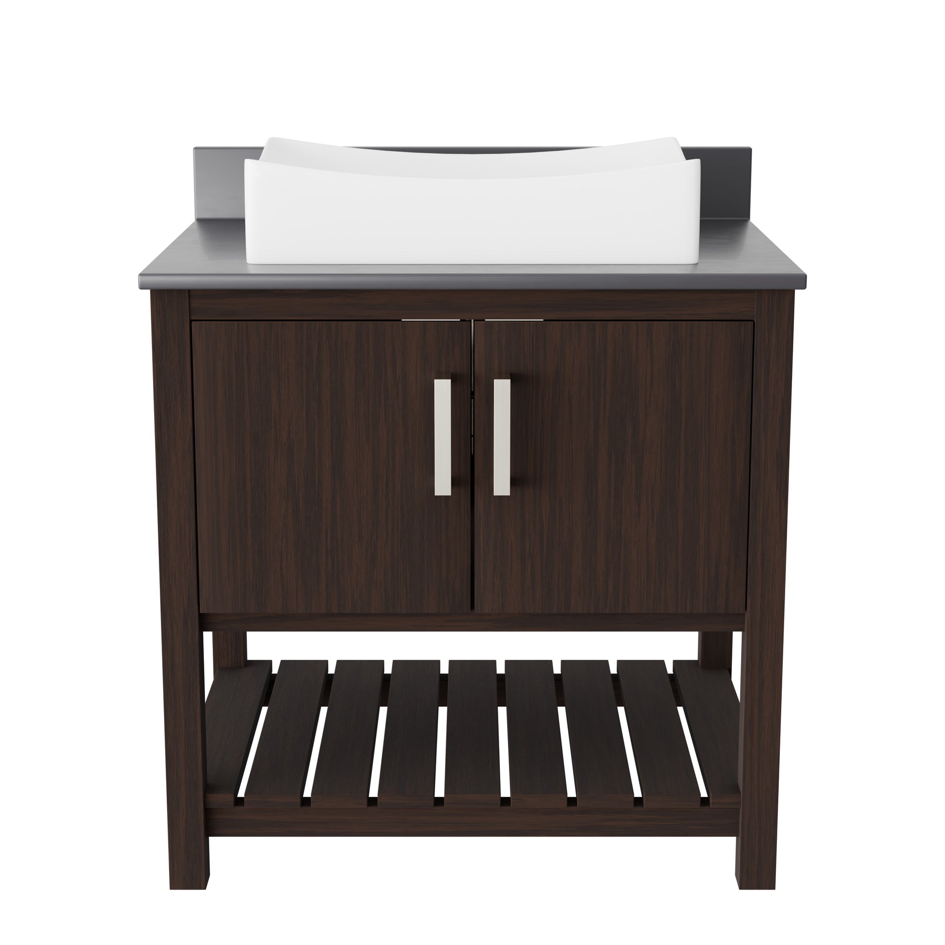 30-inch Novatto bath vanity with storm grey quartz countertop and integrated sink, showcasing modern bathroom accessory design