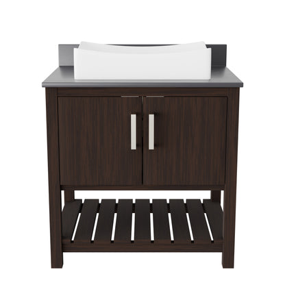 30-inch Novatto bath vanity with storm grey quartz countertop and integrated sink, showcasing modern bathroom accessory design