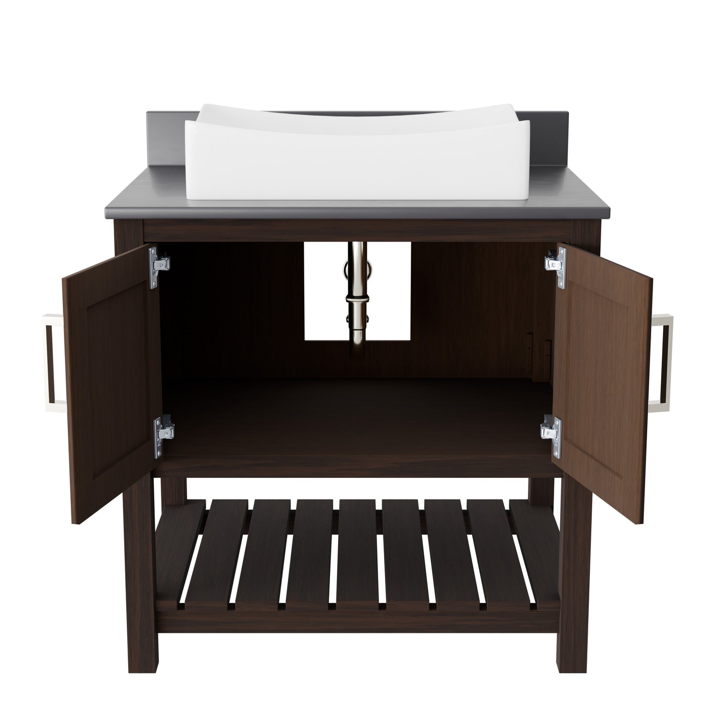 Novatto 30-inch bath vanity with storm grey quartz countertop and integrated sink, modern bathroom accessory piece.