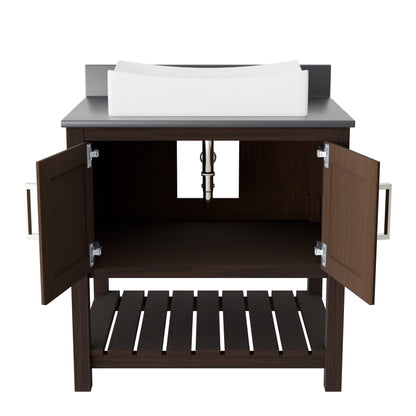 Novatto 30-inch bath vanity with storm grey quartz countertop and integrated sink, modern bathroom accessory piece.