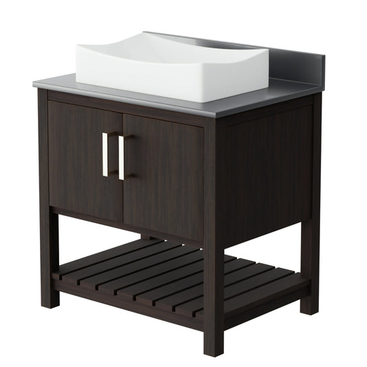30-inch Novatto bath vanity with storm grey quartz counter and sink, showcasing sleek bathroom accessory design.