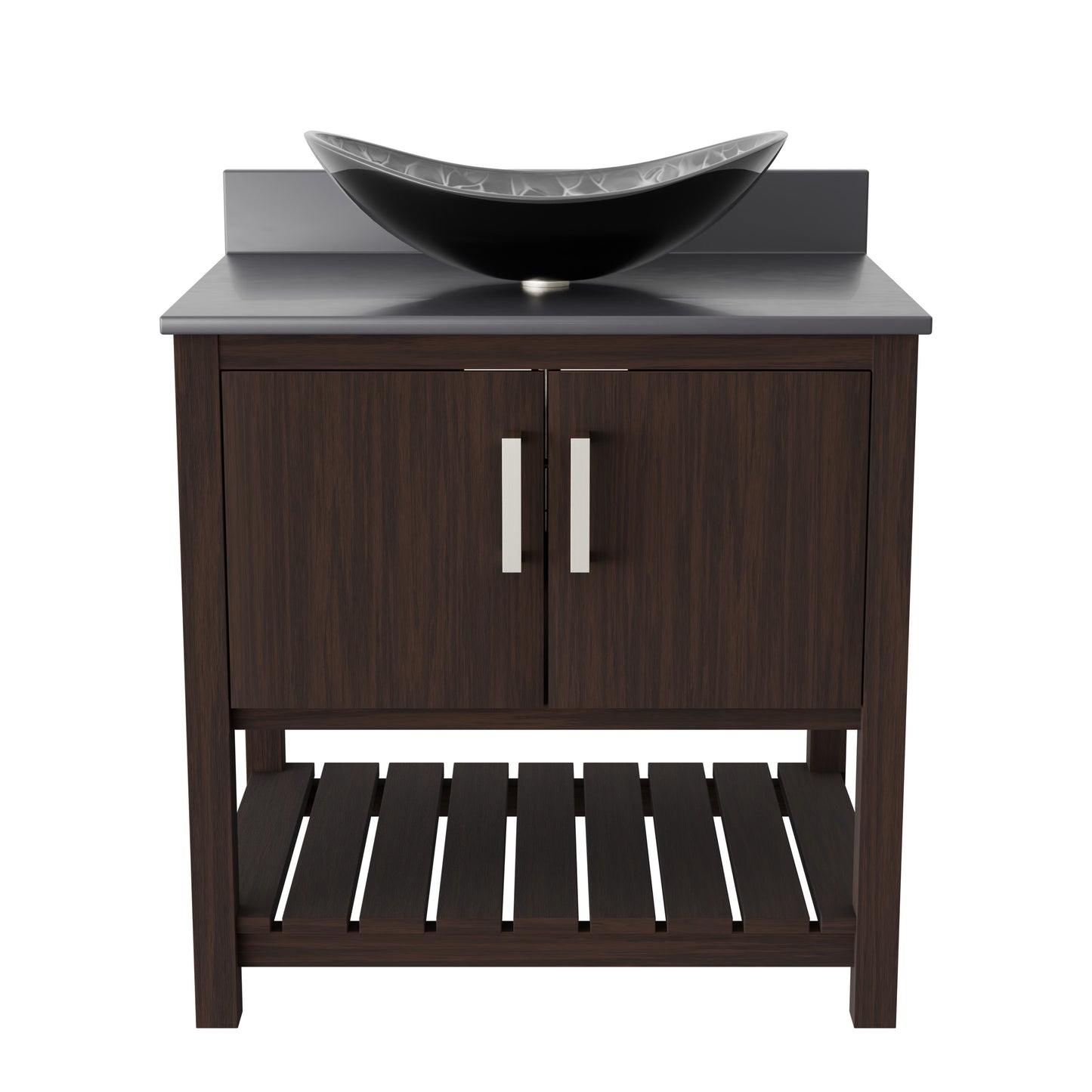 30-inch Novatto bath vanity with storm grey quartz countertop and integrated sink, modern bathroom accessory with sleek design