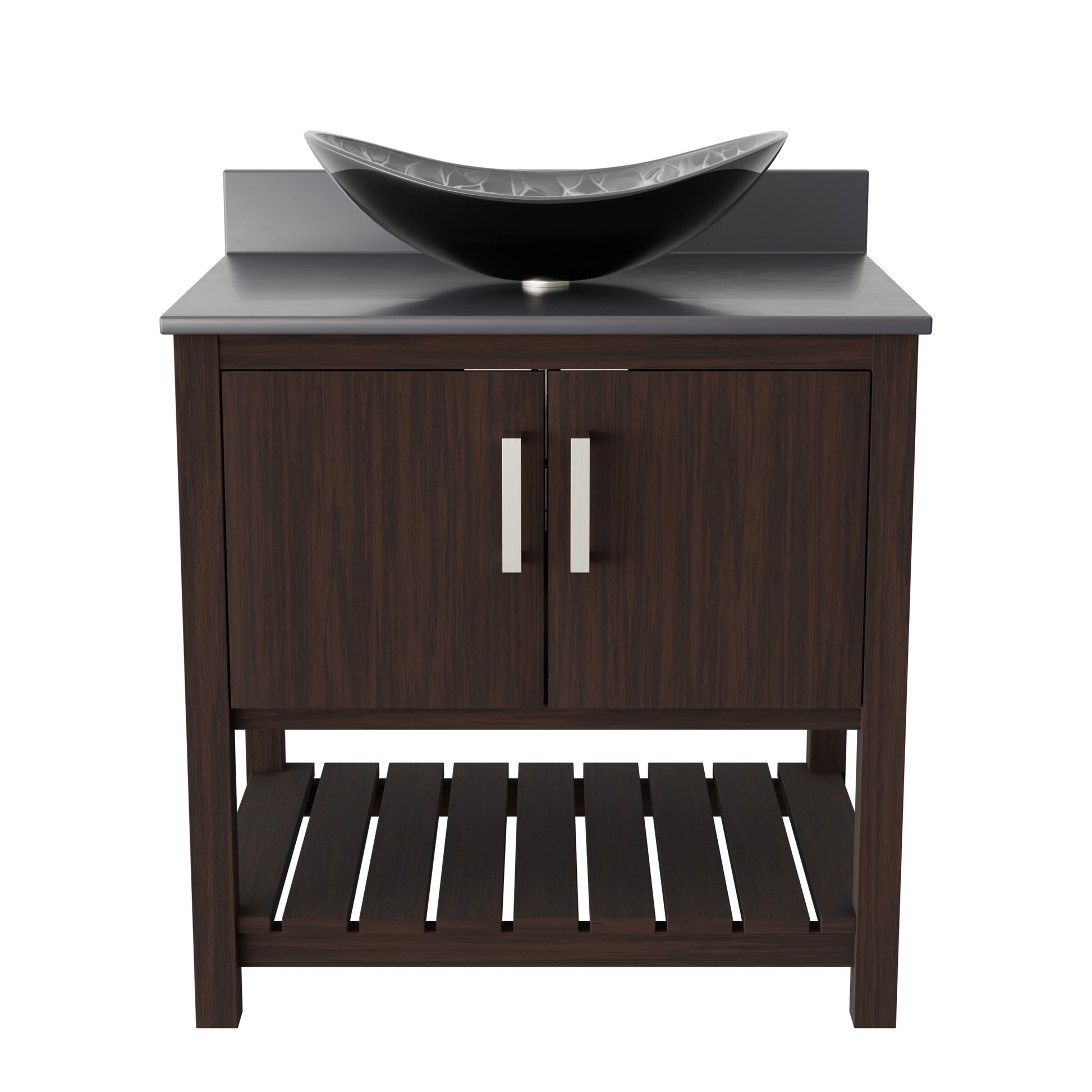 30-inch Novatto bath vanity with storm grey quartz countertop and integrated sink, modern bathroom accessory with sleek design