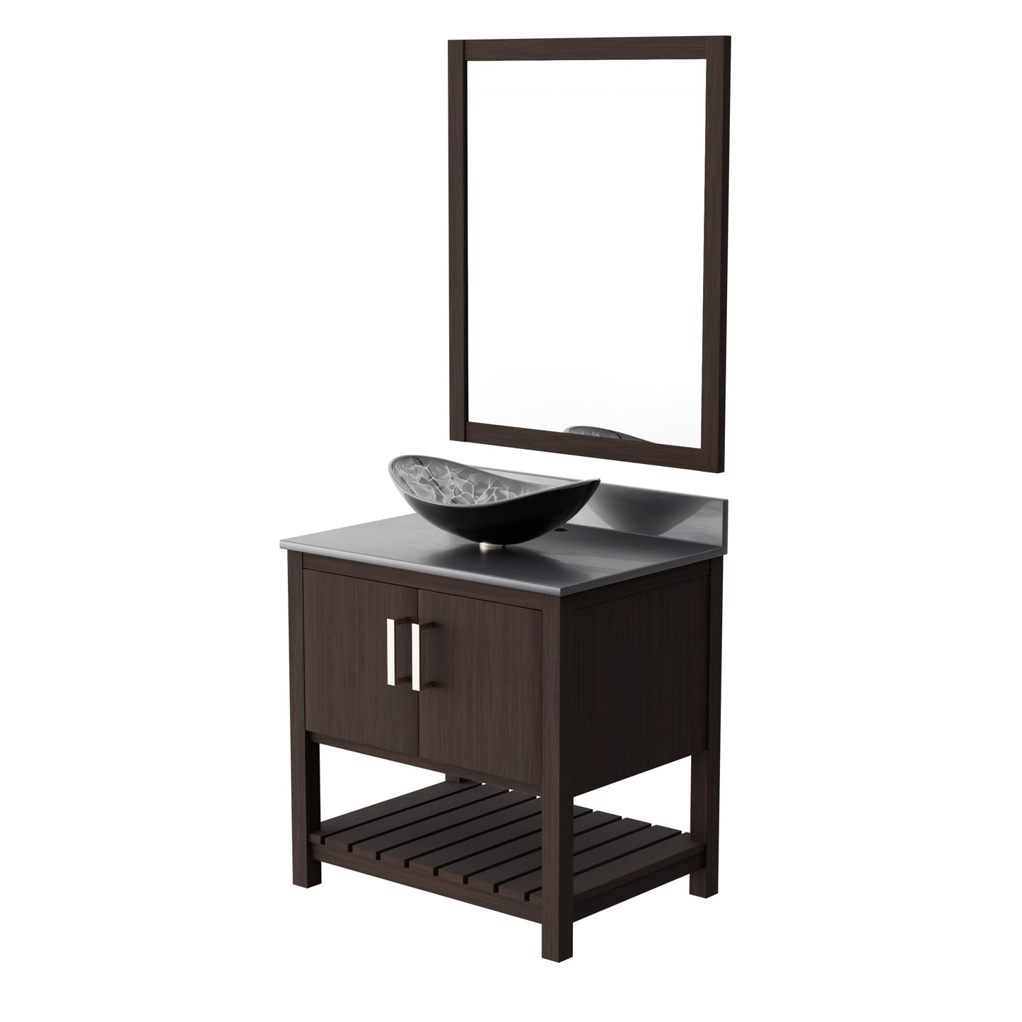 30-inch Novatto bath vanity with storm grey quartz countertop and sink, featuring a modern, sleek bathroom accessory design.