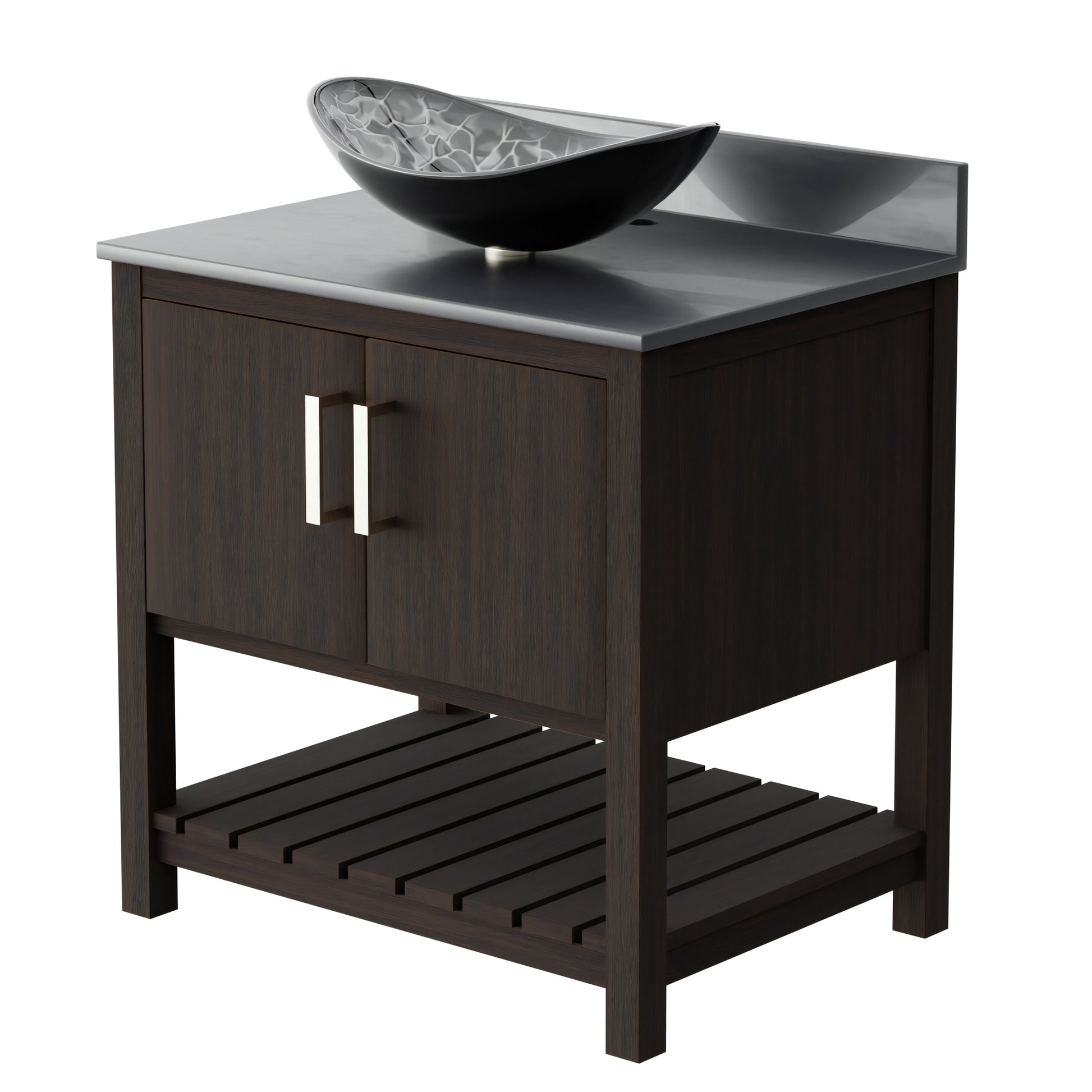 30-inch Novatto bath vanity with storm grey quartz counter and integrated sink, shown in a sleek, modern bathroom setting.