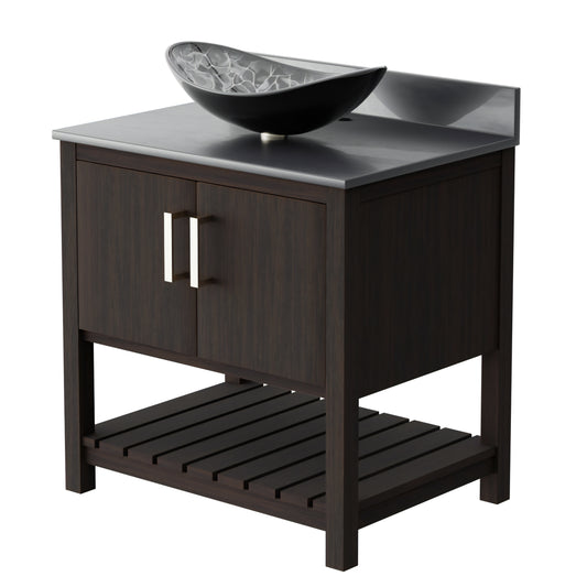 30-inch Novatto bath vanity with storm grey quartz counter and integrated sink, shown in a sleek, modern bathroom setting.