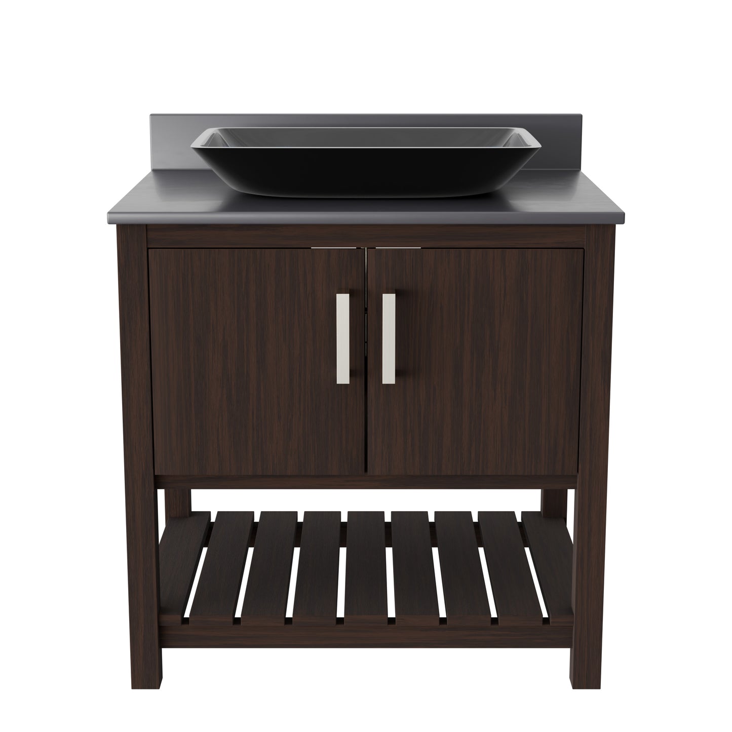 30-inch Novatto bath vanity with storm grey quartz countertop and sink, showcasing sleek bathroom accessory design.