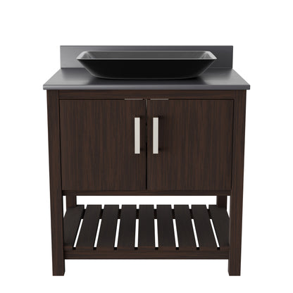 30-inch Novatto bath vanity with storm grey quartz countertop and sink, showcasing sleek bathroom accessory design.