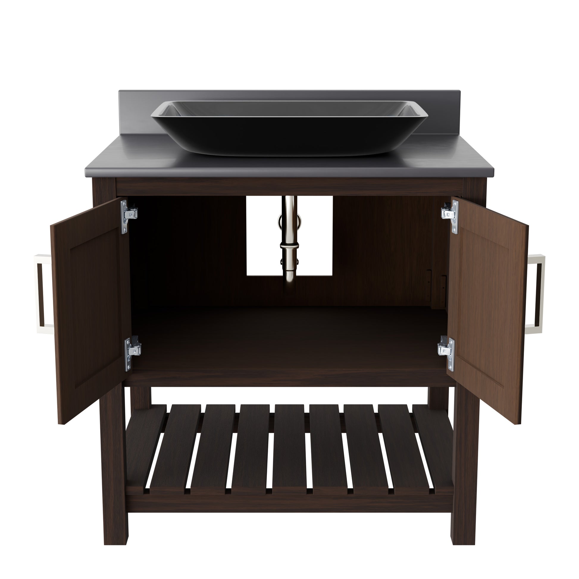 30-inch Novatto bath vanity with storm grey quartz countertop and sink, showcasing a modern bathroom accessory.