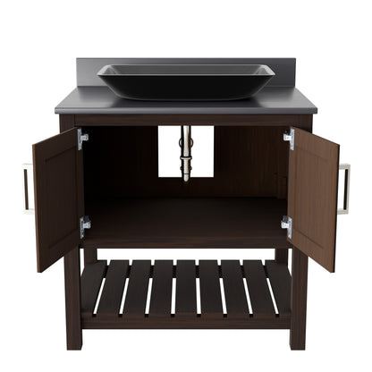 30-inch Novatto bath vanity with storm grey quartz countertop and sink, showcasing a modern bathroom accessory.