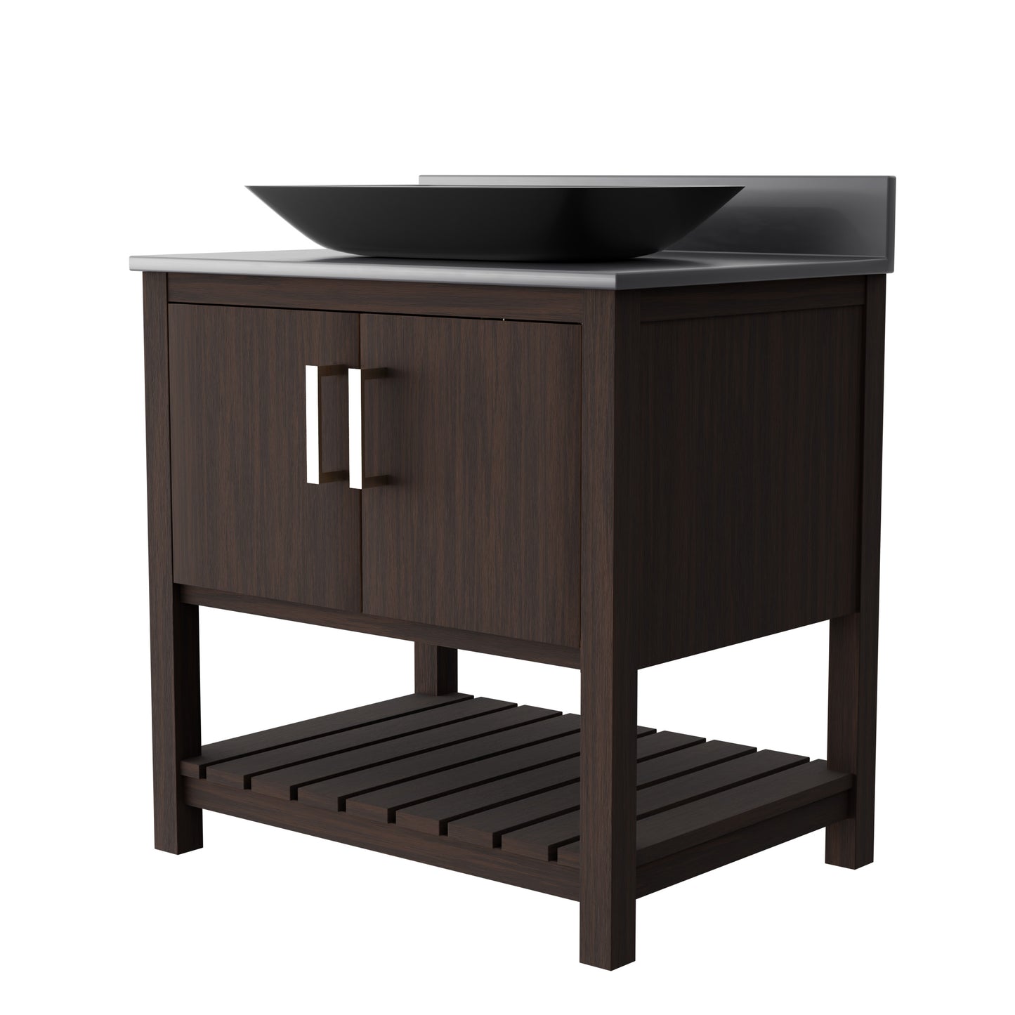 30-inch Novatto bath vanity with storm grey quartz countertop and sink, showcasing modern bathroom accessory design.