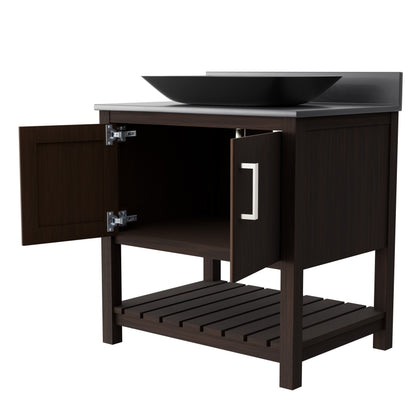 30-inch Novatto bath vanity with storm grey quartz countertop and integrated sink, showcasing modern bathroom accessory design