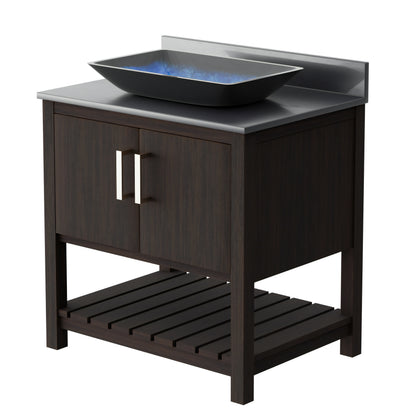 30-inch Novatto bath vanity with storm grey quartz countertop and integrated sink, showcasing modern bathroom accessory design.