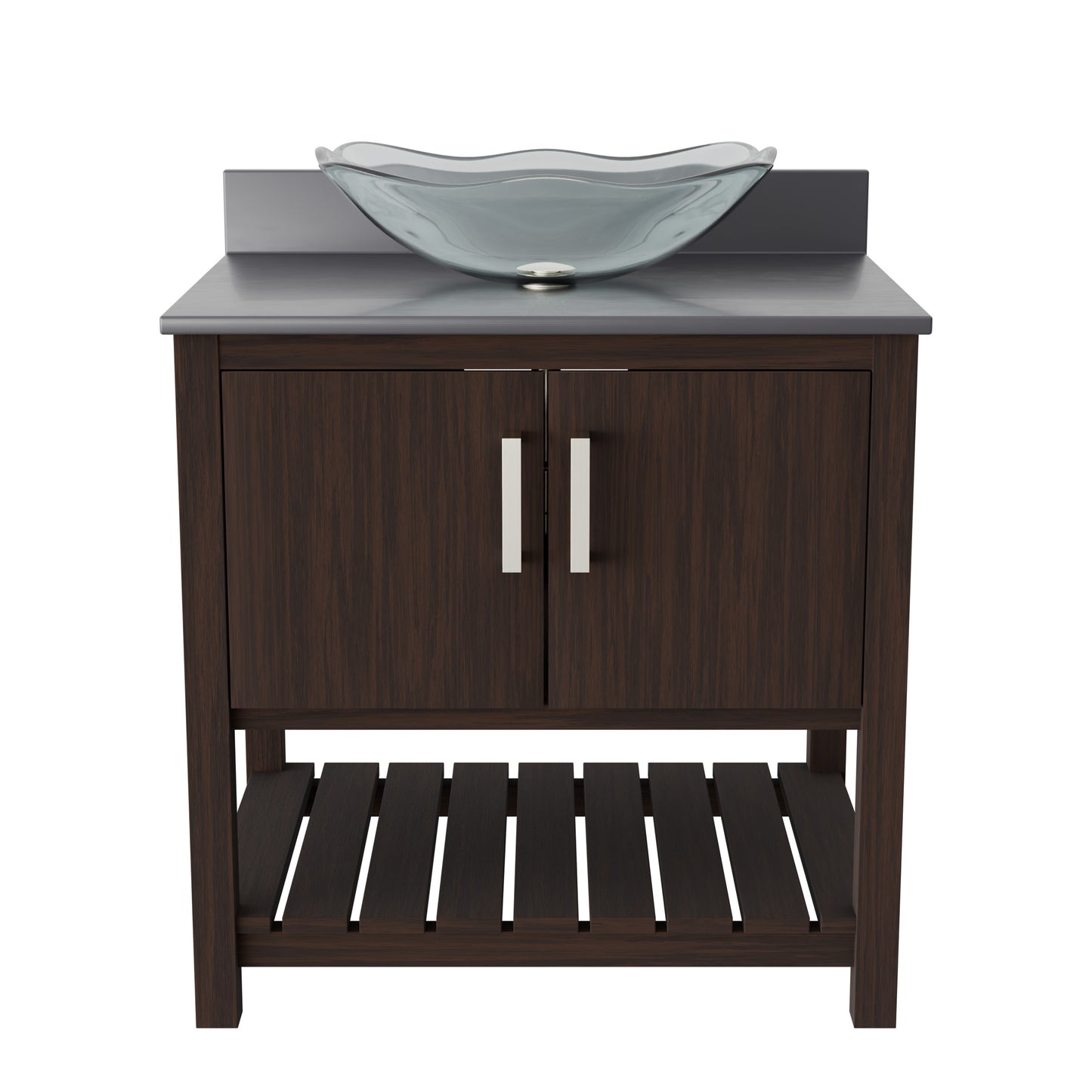 30-inch Novatto bathroom vanity with storm grey quartz countertop and sink, showcasing modern design and sleek finish.