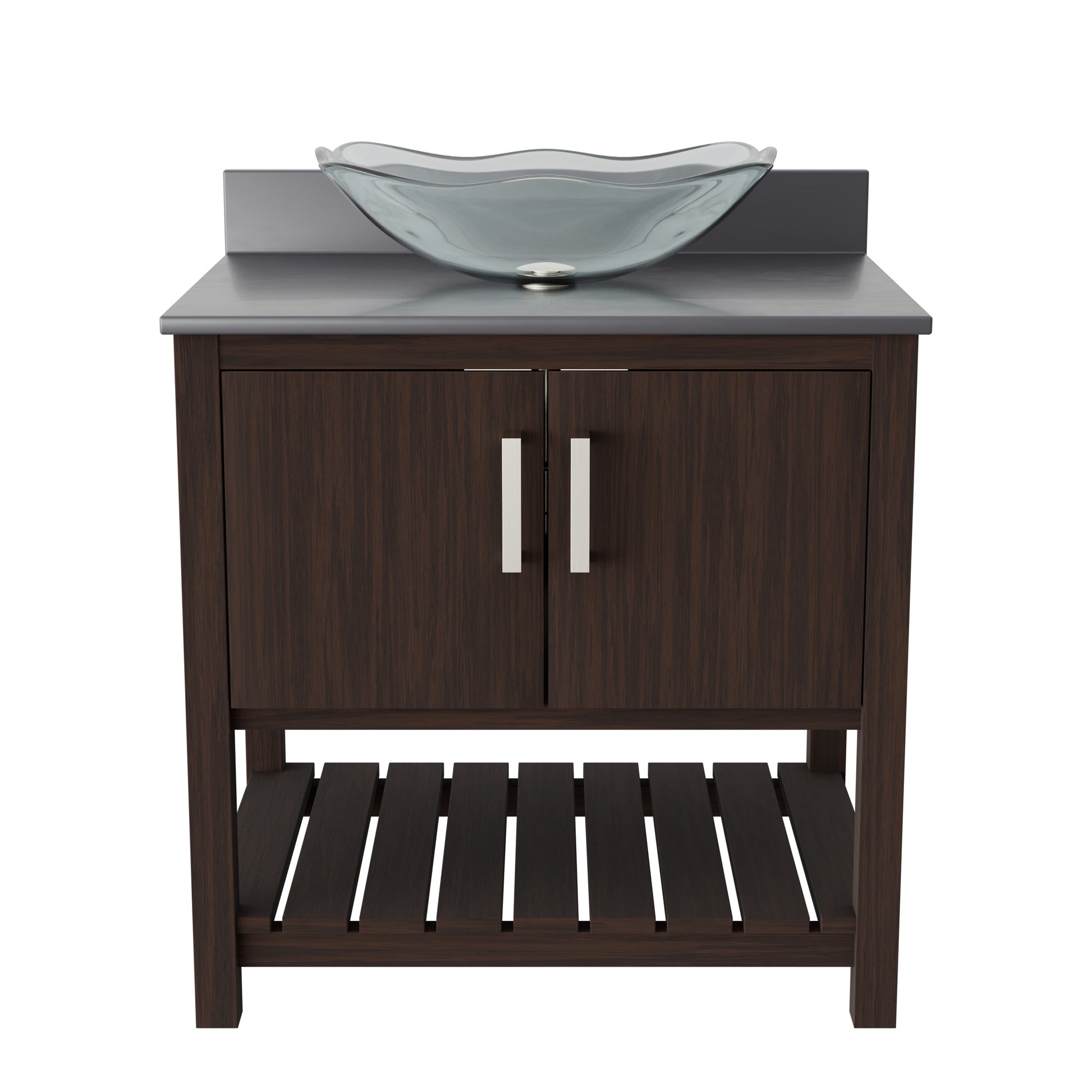 30-inch Novatto bathroom vanity with storm grey quartz countertop and sink, showcasing modern design and sleek finish.