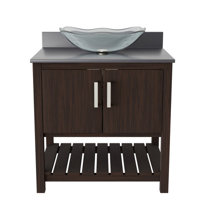30-inch Novatto bathroom vanity with storm grey quartz countertop and sink, showcasing modern design and sleek finish.