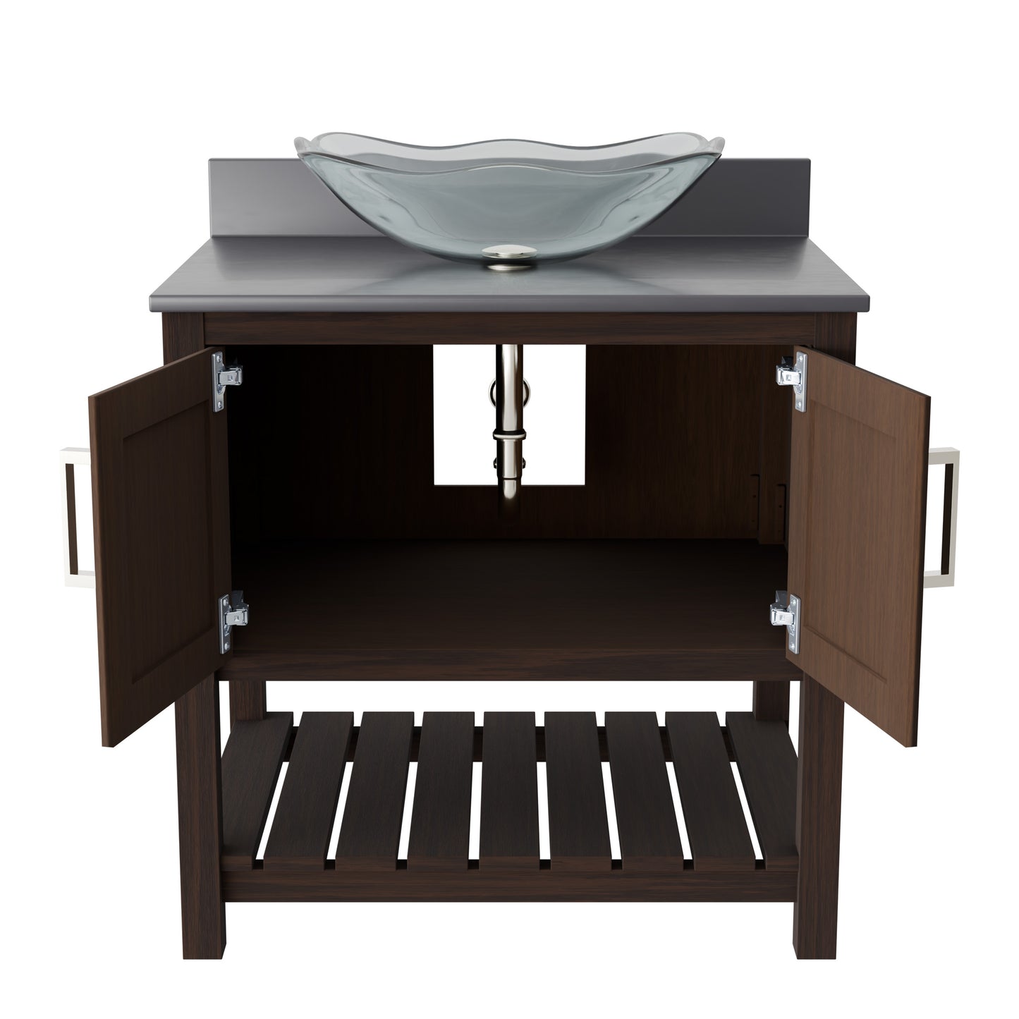 30-inch Novatto bath vanity with storm grey quartz counter and sink, showcasing sleek modern bathroom accessory design