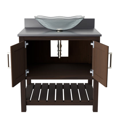 30-inch Novatto bath vanity with storm grey quartz counter and sink, showcasing sleek modern bathroom accessory design