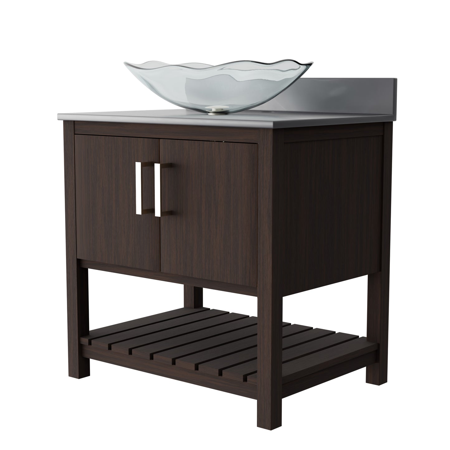 30-inch Novatto bath vanity with storm grey quartz countertop and integrated sink, modern bathroom accessory.