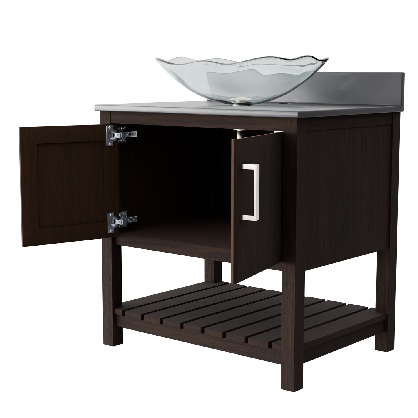 30-inch Novatto bath vanity with storm grey quartz countertop and integrated sink, showcasing a modern bathroom accessory.