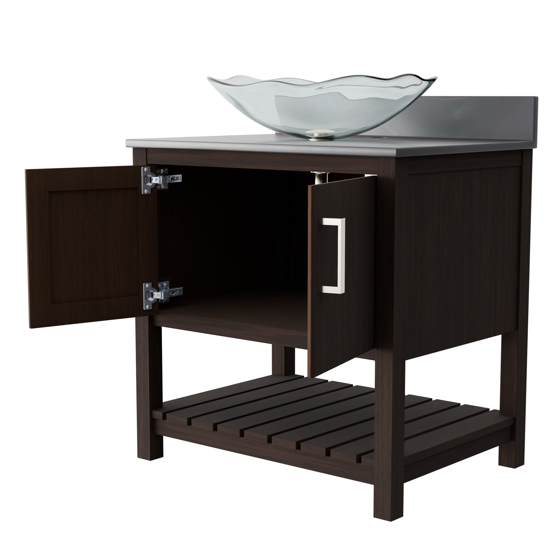 30-inch Novatto bath vanity with storm grey quartz countertop and integrated sink, showcasing a modern bathroom accessory.