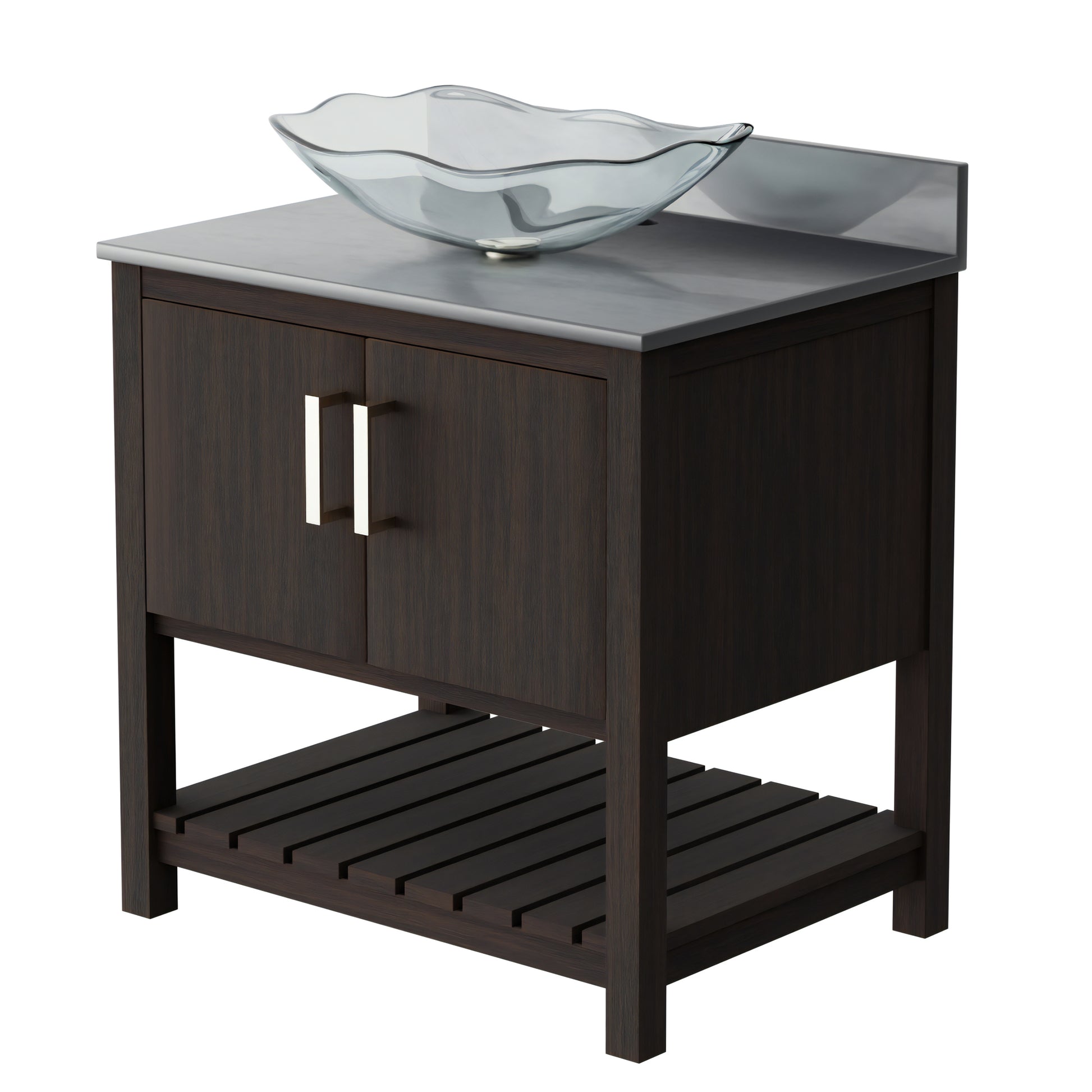 30-inch Novatto bath vanity with storm grey quartz counter and sink, showcasing sleek bathroom accessory design