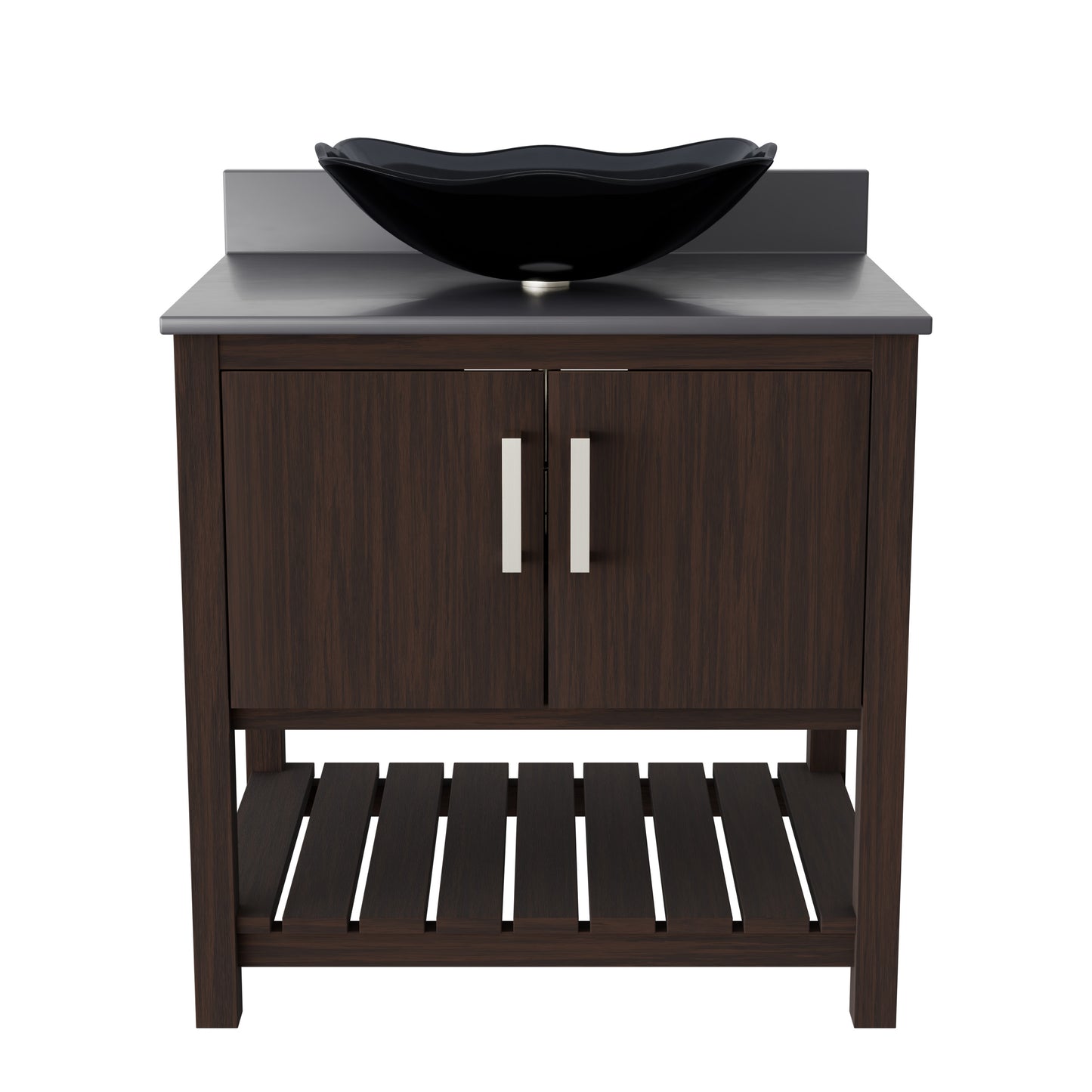 30-inch Novatto bath vanity with storm grey quartz countertop and integrated sink, showcasing modern accessory design.
