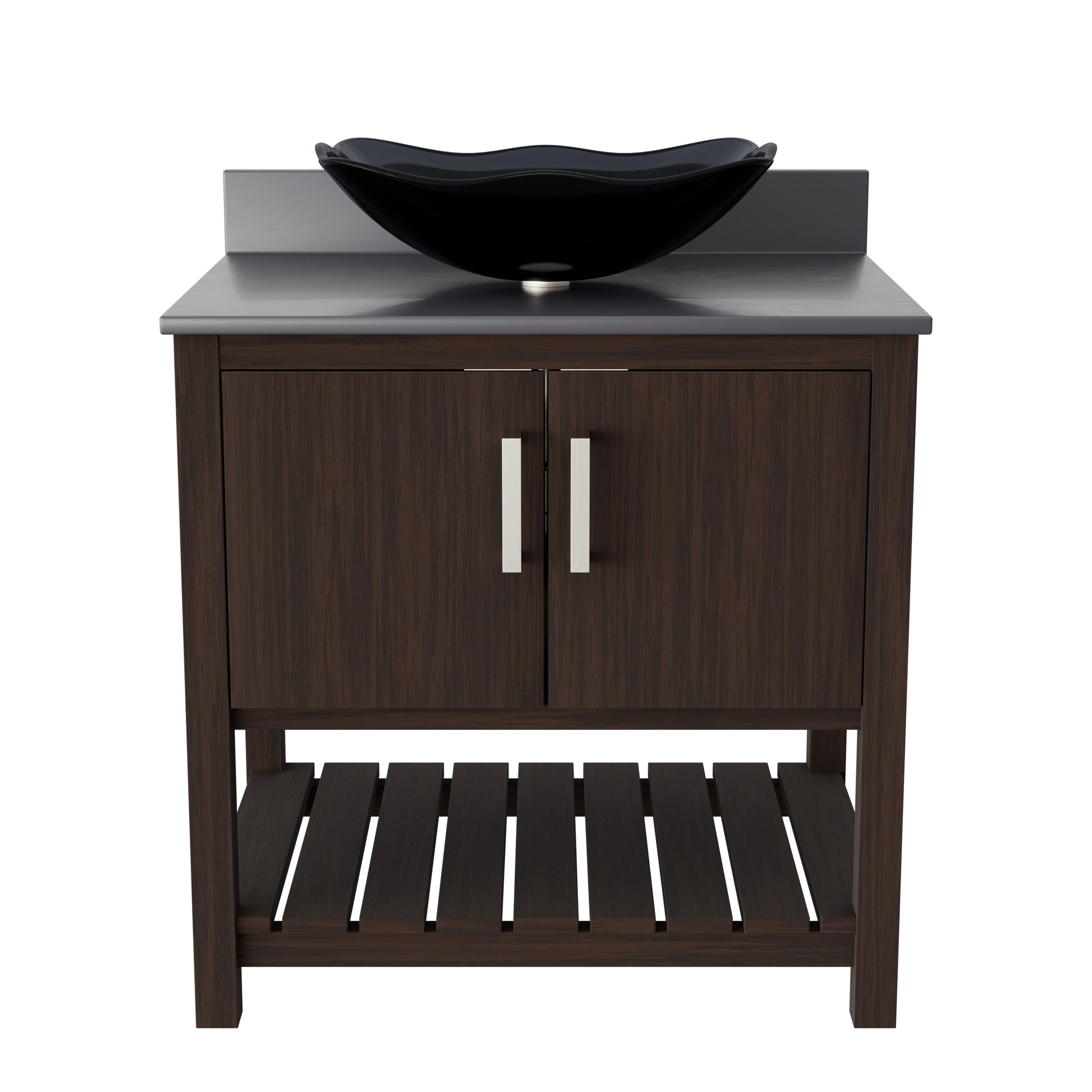 30-inch Novatto bath vanity with storm grey quartz countertop and integrated sink, showcasing modern accessory design.
