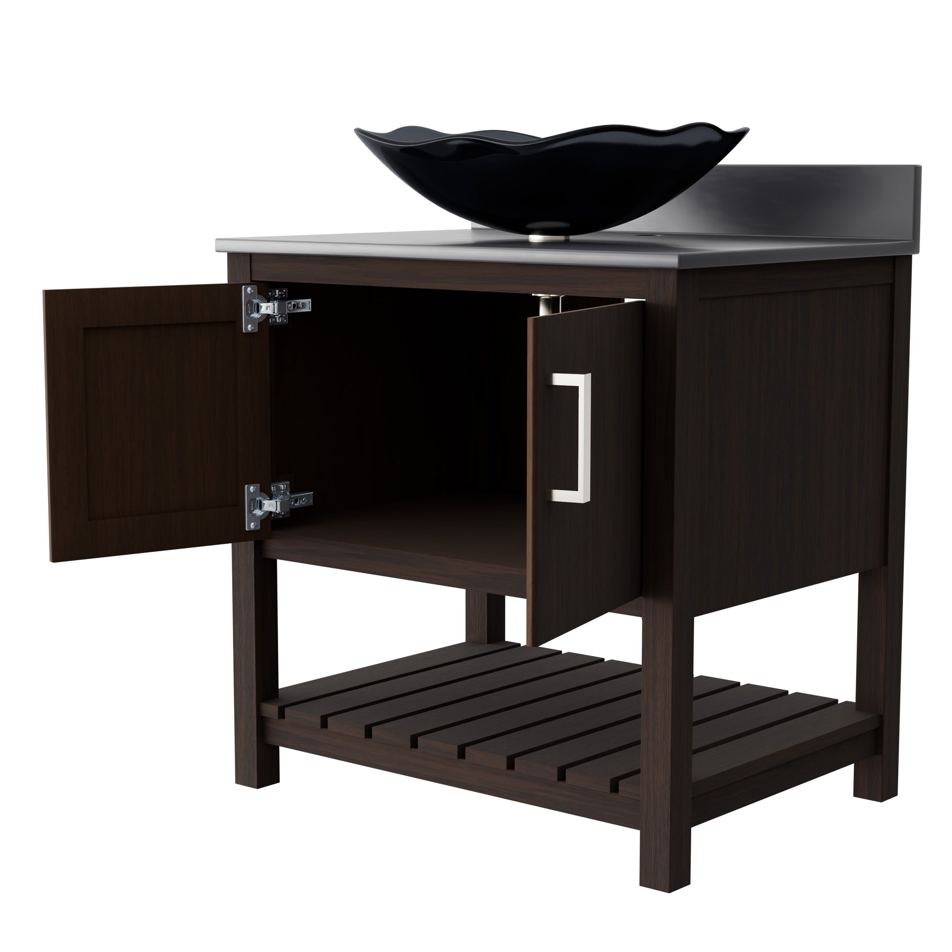 30-inch Novatto bathroom vanity with storm grey quartz countertop and integrated sink, showcasing modern bathroom accessory design.