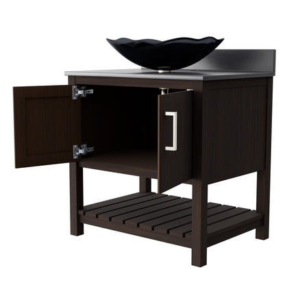 30-inch Novatto bathroom vanity with storm grey quartz countertop and integrated sink, showcasing modern bathroom accessory design.