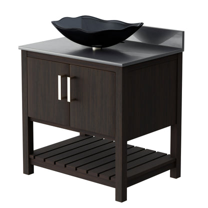 30-inch Novatto bath vanity with storm grey quartz countertop and integrated sink, sleek bathroom accessory with modern design.