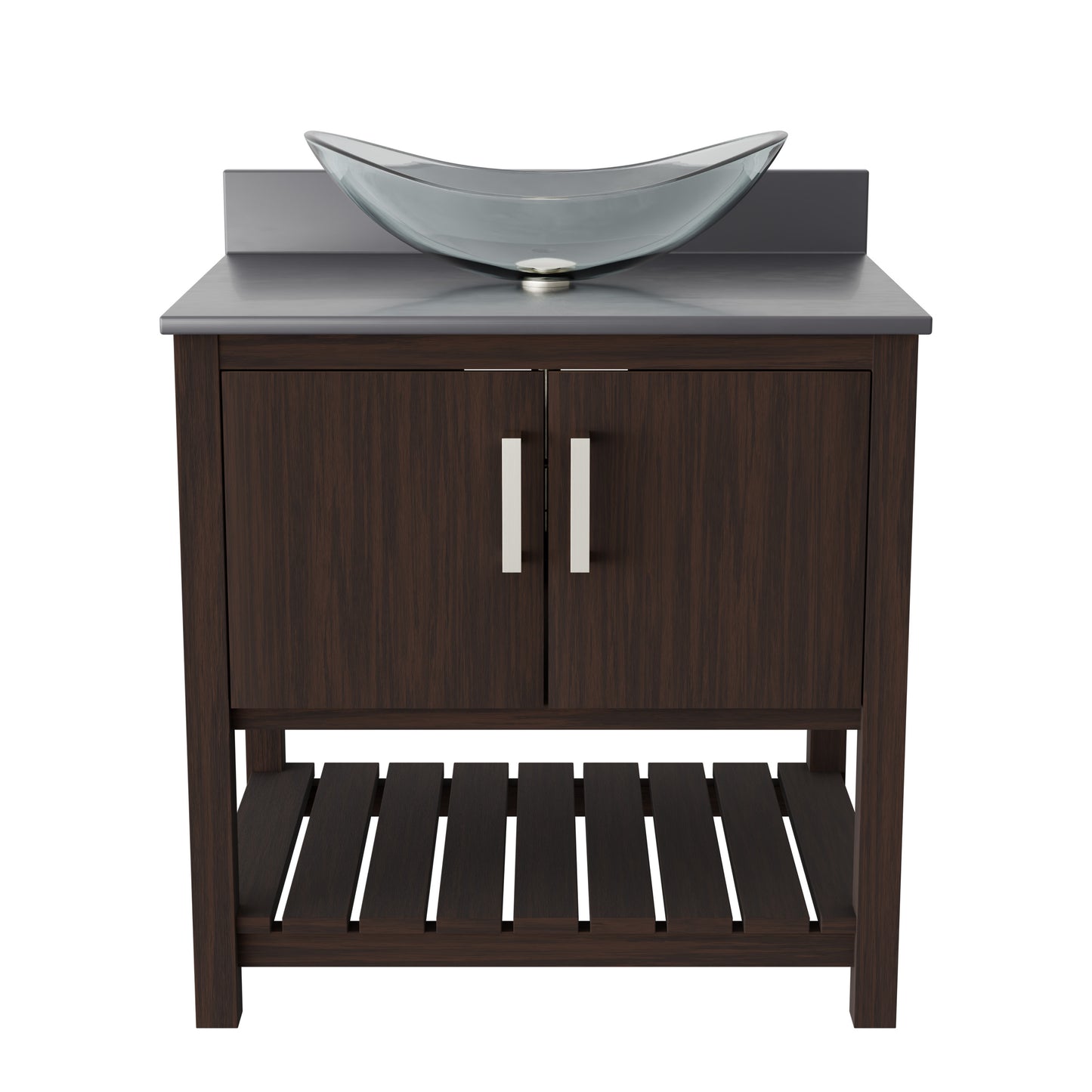 30-inch Novatto bath vanity with storm grey quartz countertop and sink, showcasing modern bathroom accessory design.