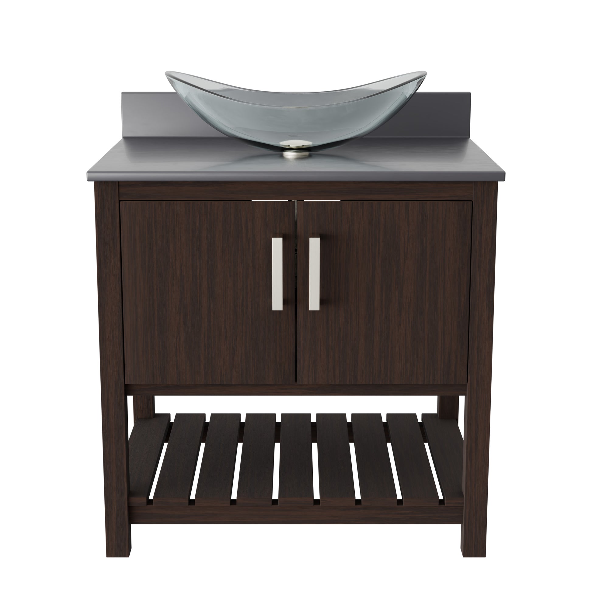 30-inch Novatto bath vanity with storm grey quartz countertop and sink, showcasing modern bathroom accessory design.