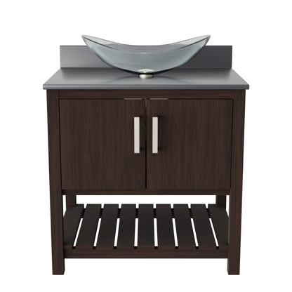 30-inch Novatto bath vanity with storm grey quartz countertop and sink, showcasing modern bathroom accessory design.