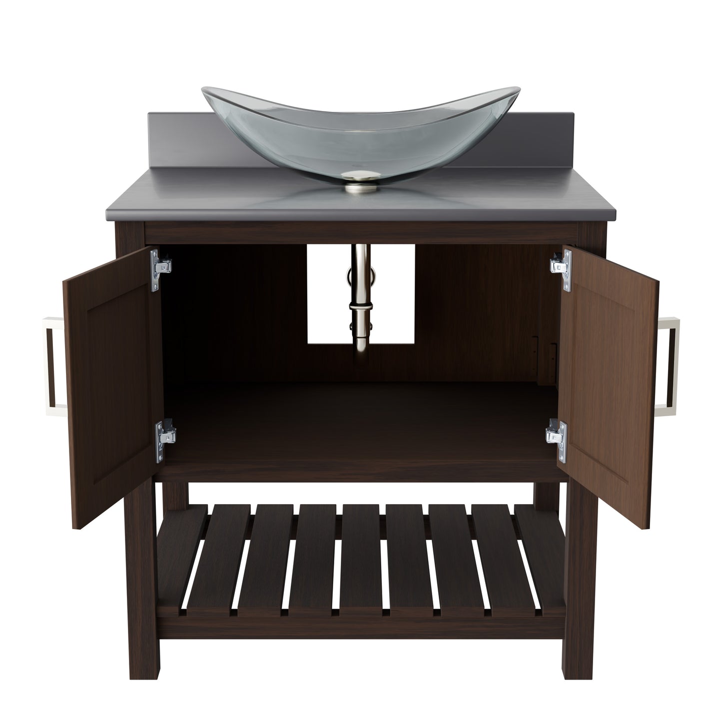 Novatto 30-inch bath vanity with storm grey quartz countertop and integrated sink, modern bathroom accessory piece